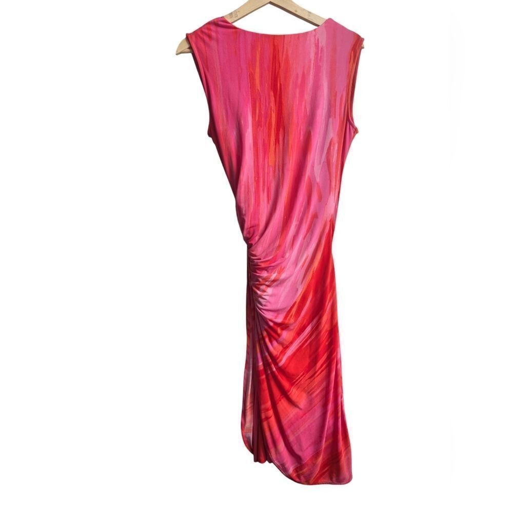 Natori Red Pink Watercolor Ruched Sheath Dress V-Neck Sleeveless Cocktail Small - Picture 7 of 10